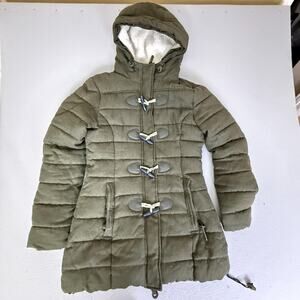 Superdry Women’s Hooded Toggle Puffer Coat Olive Green Sherpa Lined UK 10